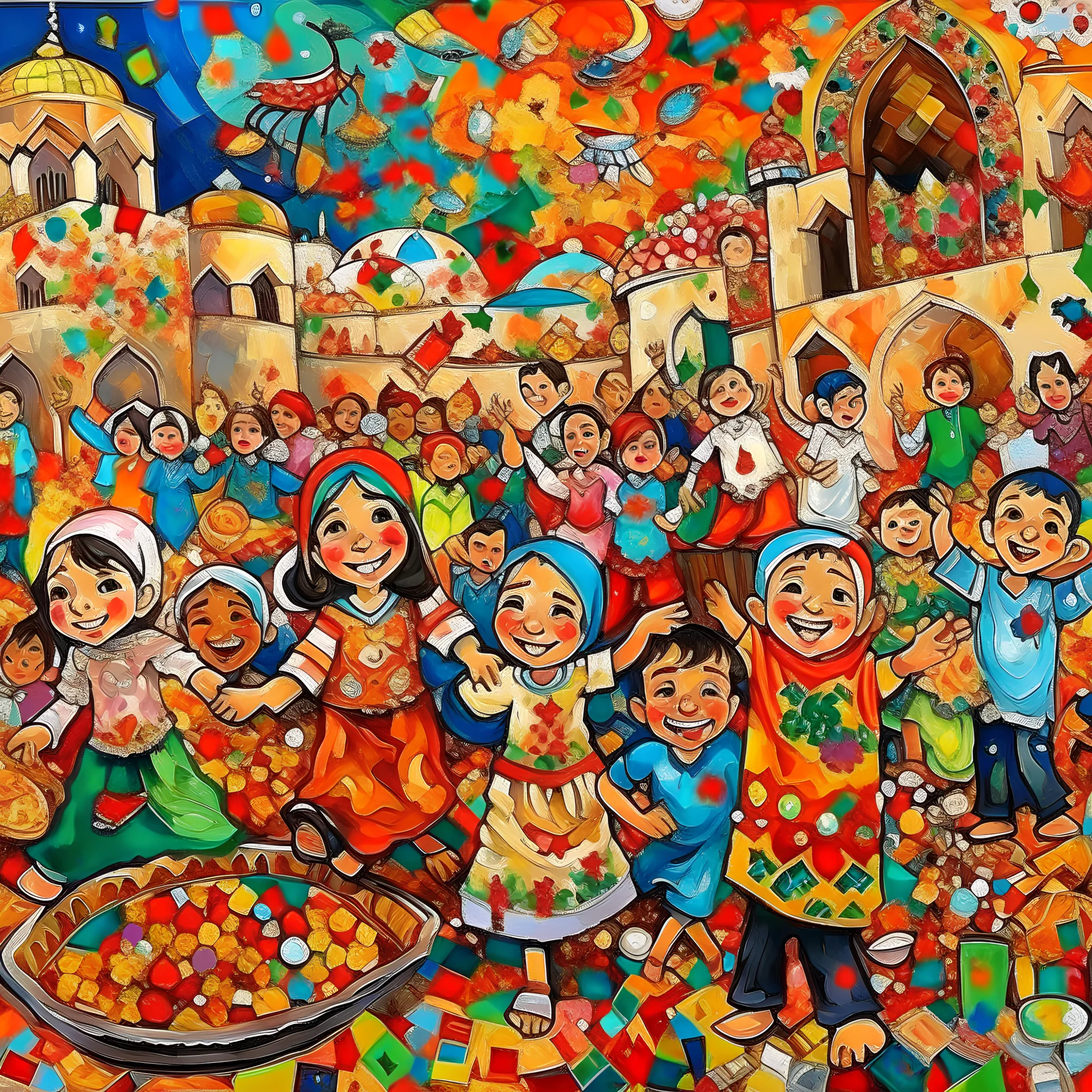 Abstract painting with highly detailed Libyan children celebrating end of ramadan