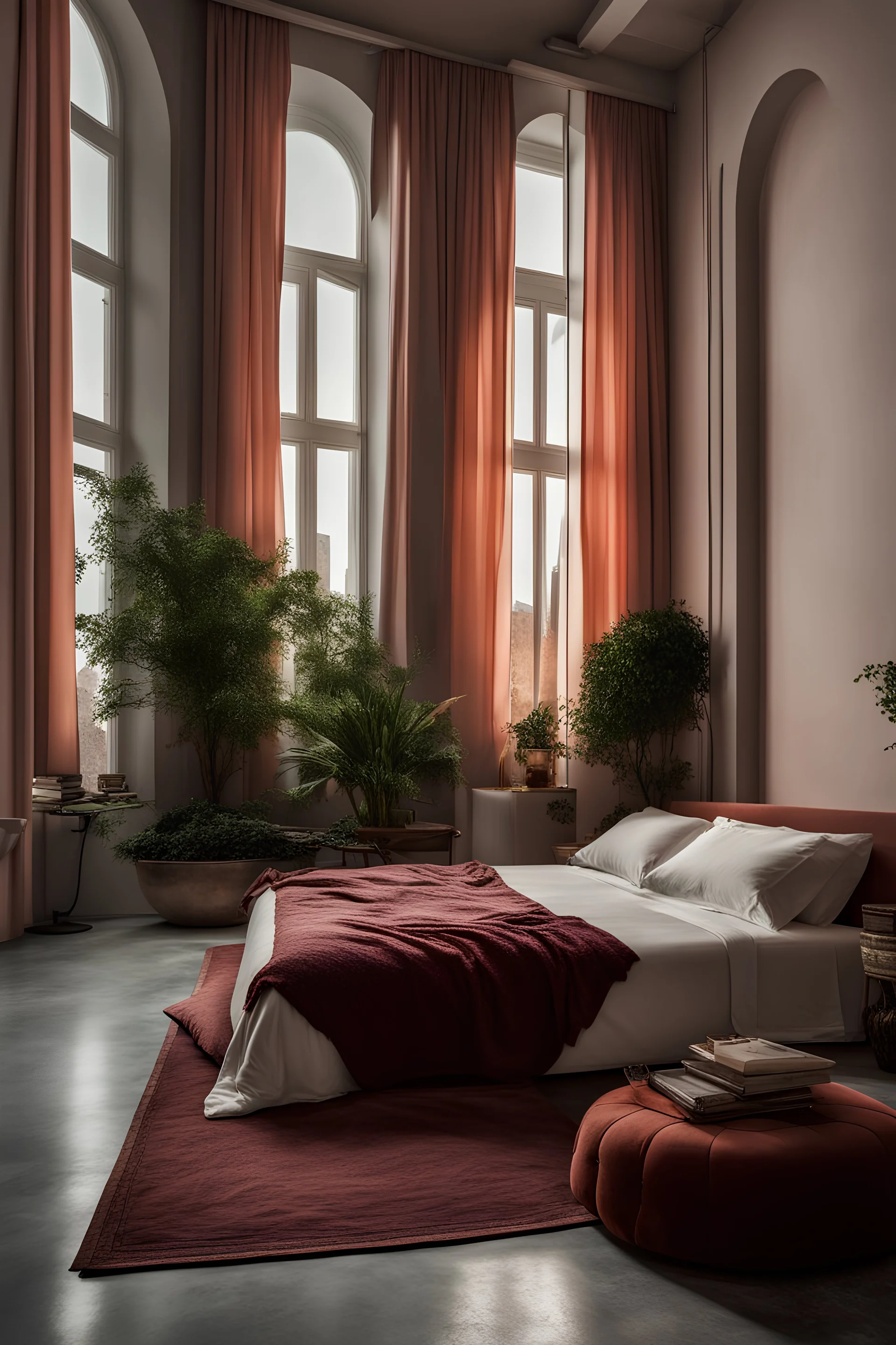 An editorial style photograph of a bedroom interior, with high ceiling, gigantic central square window, cozy hotel bed with white linen sheets. Gray cement floor, pale shades of maroon and peach colors, futuristic and antique furniture, a lot of greenery, maroon glass furniture and luxurious fabrics. Set in Greece, beautiful morning with a warm friendly atmosphere,high resolution