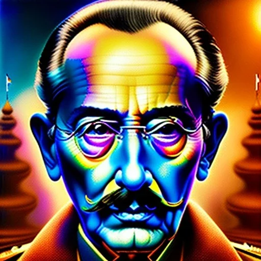 self portrait of Dali,Mystical colors ,perfectly centered image, perfect composition, rim light, beautiful lighting,masterpiece ,8k,realistic skin, stunning scene, raytracing, anatomically correct, in the style of Simon Bisley and Ohrai Noriyoshi and robert e howard and Steve Jung and Wizyakuza and uncannyknack.