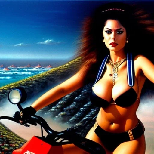 portrait of busty beautiful 'Female Rider on Akira Bike(1988)',painting by Earl Norem, simon Bisley, evan lee, 86-86, oil on canvas, cinematic composition, extreme detail,fit full head inside picture,8k