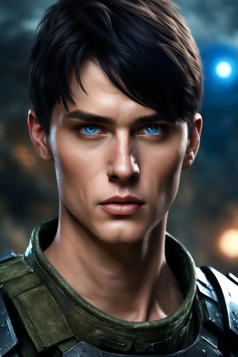 27 year old male with short dark hair and blue eyes, army combats, photorealistic, 4k, dark fantasy