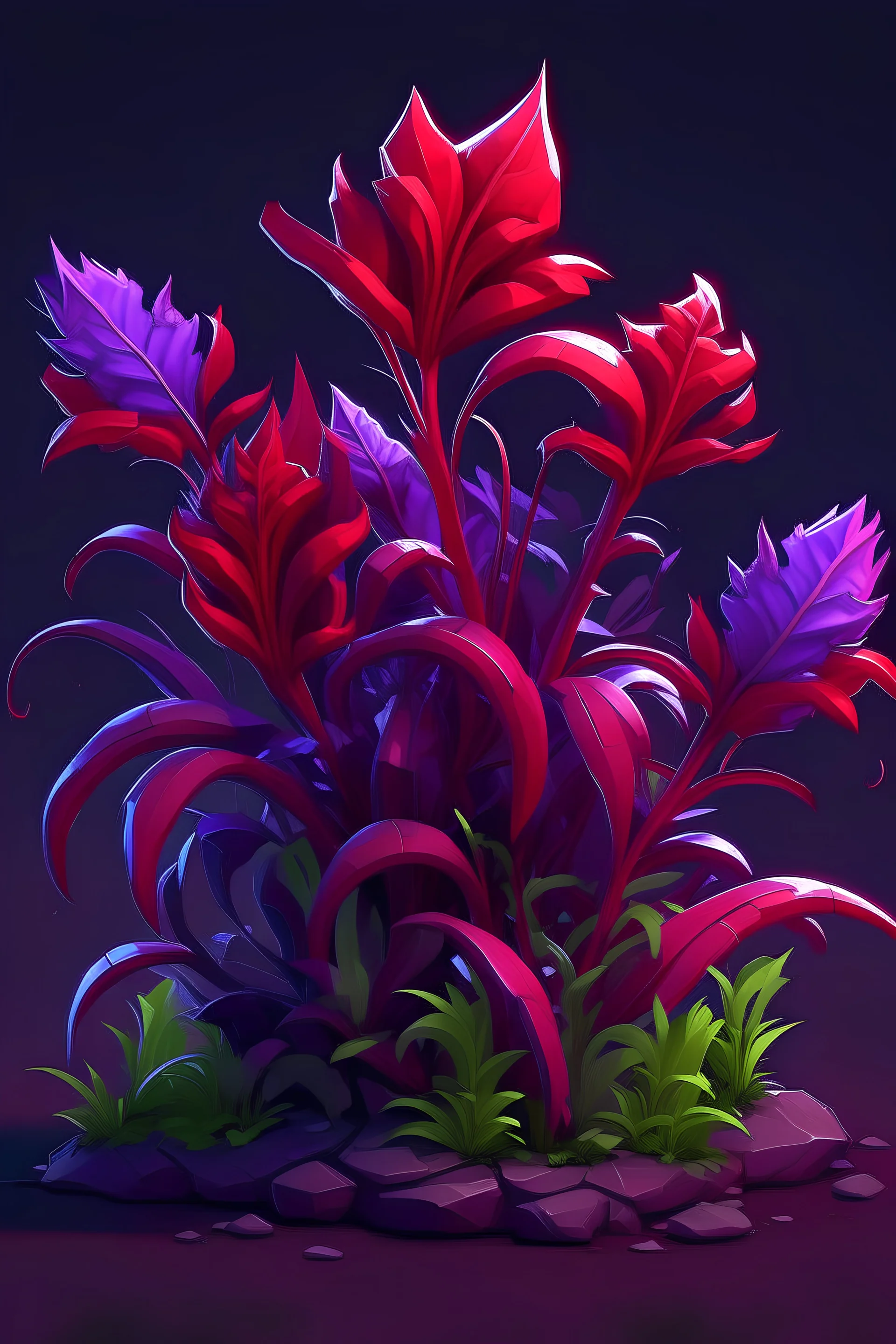 zehirli bitki, oyun stili, mor ve kırmızı renklerde, epik sıra dışı görünümlü bir bitki