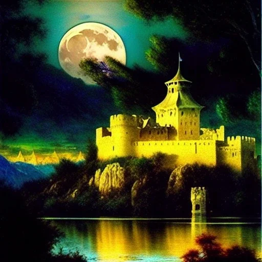 Drawing of 'Medieval Romanian Castle',bats,mountain,lake,full moon, by gaston bussiere, greg rutkowski, yoji shinkawa, yoshitaka amano, tsutomu nihei, donato giancola, tim hildebrandt, oil on canvas, cinematic composition, extreme detail,fit full head inside picture,16k