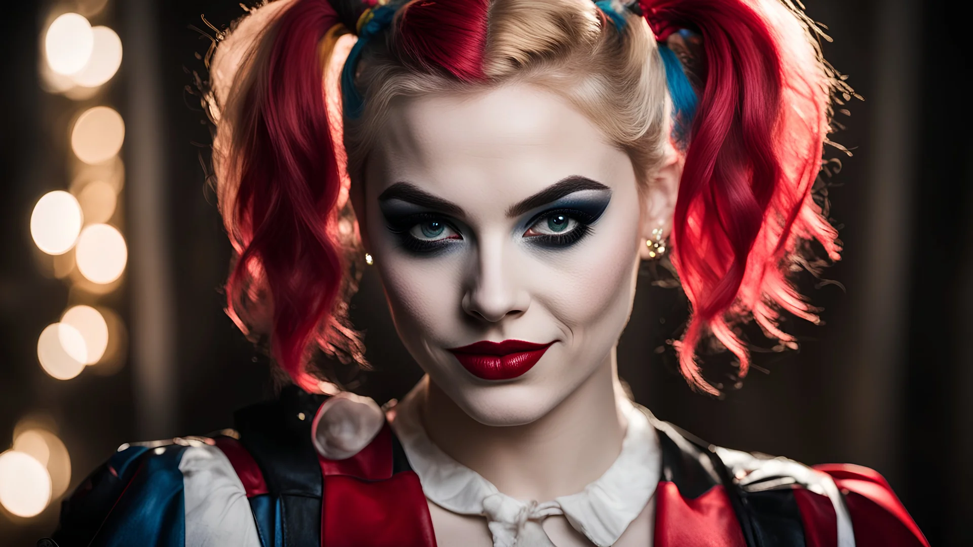 Photorealistic, ((Perfect lighting)), ((Lifelike textures)), (In the style of Ansel Adams), (backlighting), (Nikon d850): Harley Quinn portrait in a dramatic setting, displaying lifelike textures and perfect lighting