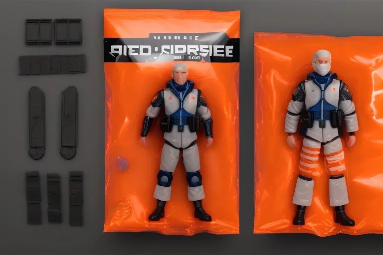 Mike Pence G.I. Joe action figure Space force uniform With Extra accessories inside a blister packaging hanging on a Wallrack in toystore, fluorescent orange, toy guns, wide angle shot whole body, black moonboots, fullsize