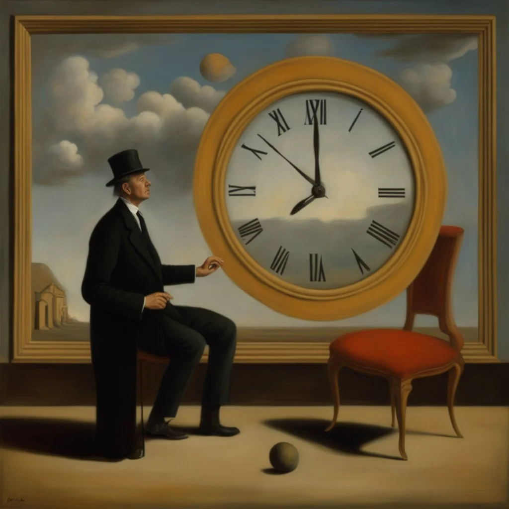 cover art surrealist painting called 'today I am thinking about time by dali and picasso and magritte and Breughel