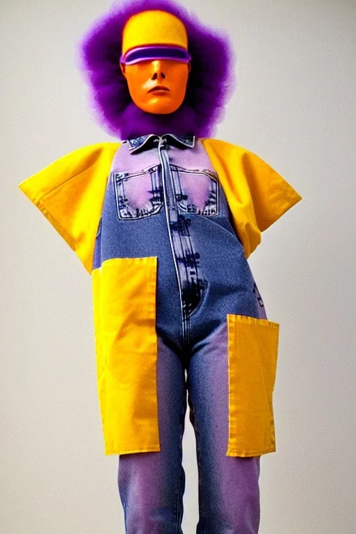 Photograph of a woman. Huge prints on denim,terracotta, cream and purple, lilac and Cream latex parts are bagging. imperial yellow, red plum. Baggy jeans! plant print.European daft punk woman. Baggy jeans! Mantle is sewed of recycled Denim and sewed together of recycled polymer felt. lace, Yellow(Munsell) areas. hint of orange as effect color!!Big bright purple/khaki felt tippet and cream or blue or lilac colored-hood. mantle is merged with satchel, cobalt blue.