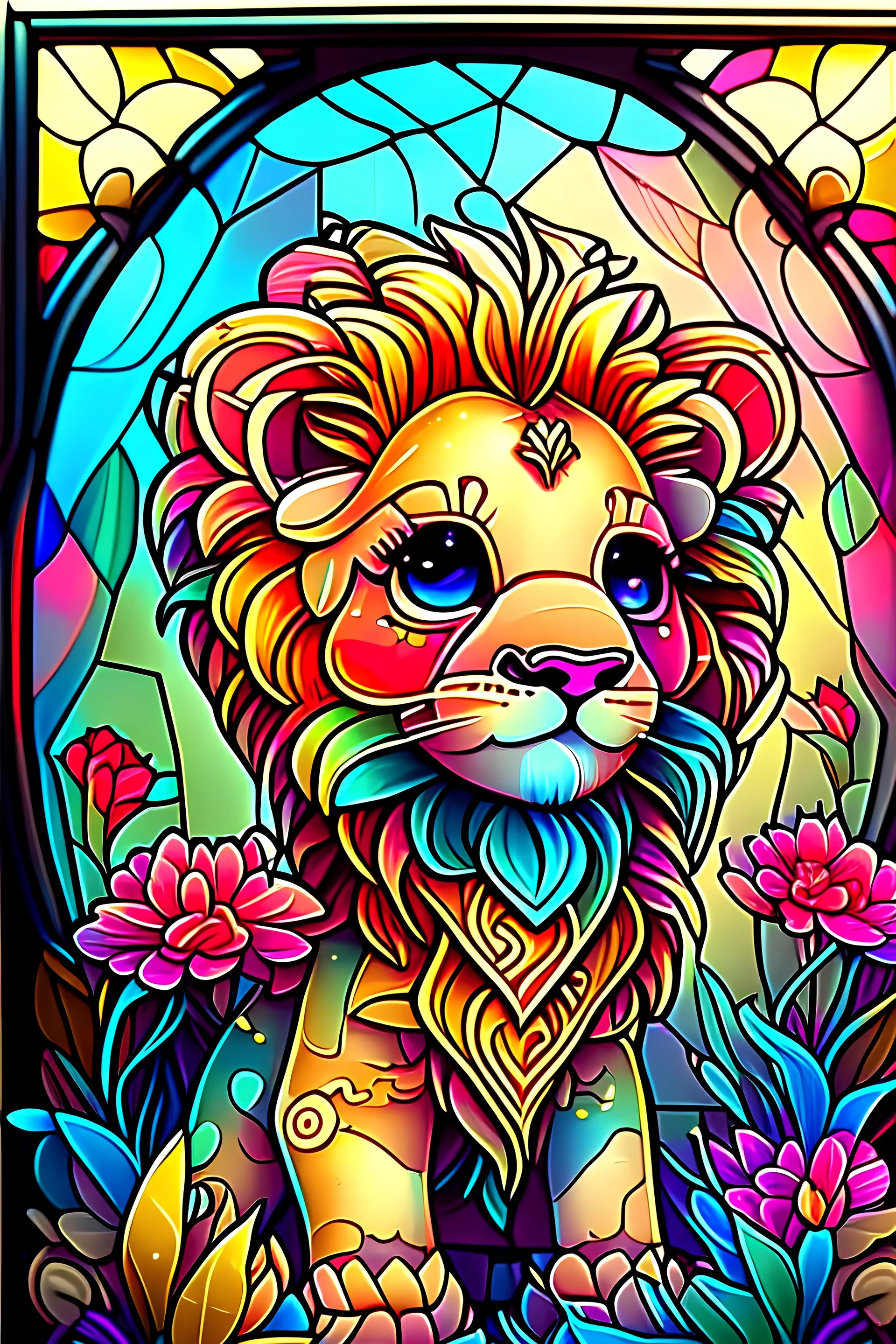 colorful kawaii cute splendid lion cub, perfect flowers, bright deep vibrant color, high detail, 3D vector art, cute and quirky, fantasy art, centered, in frame, stained glass