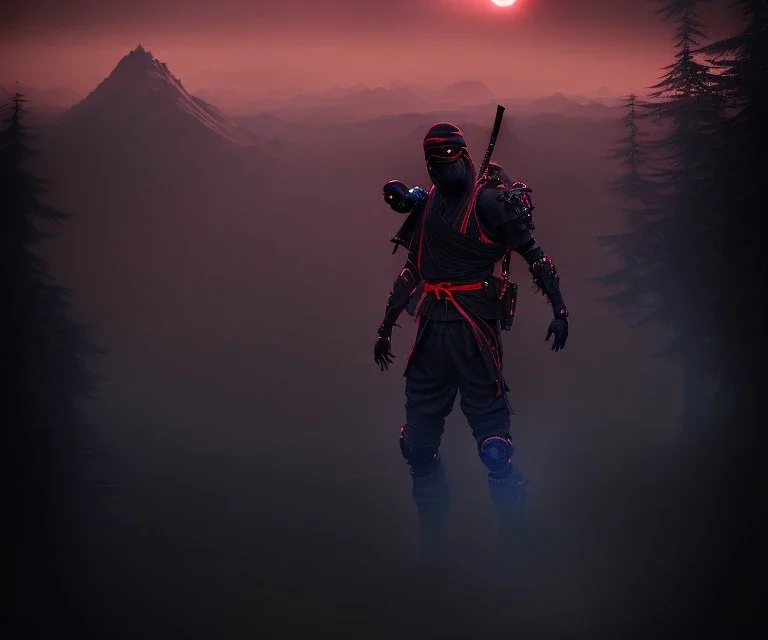 Ninja portrait , black suite, in the night Alps , angels background, volumetric red light, high detail, dark leaf tree, dark mountains in background, perfect, HR Giger style, red lights