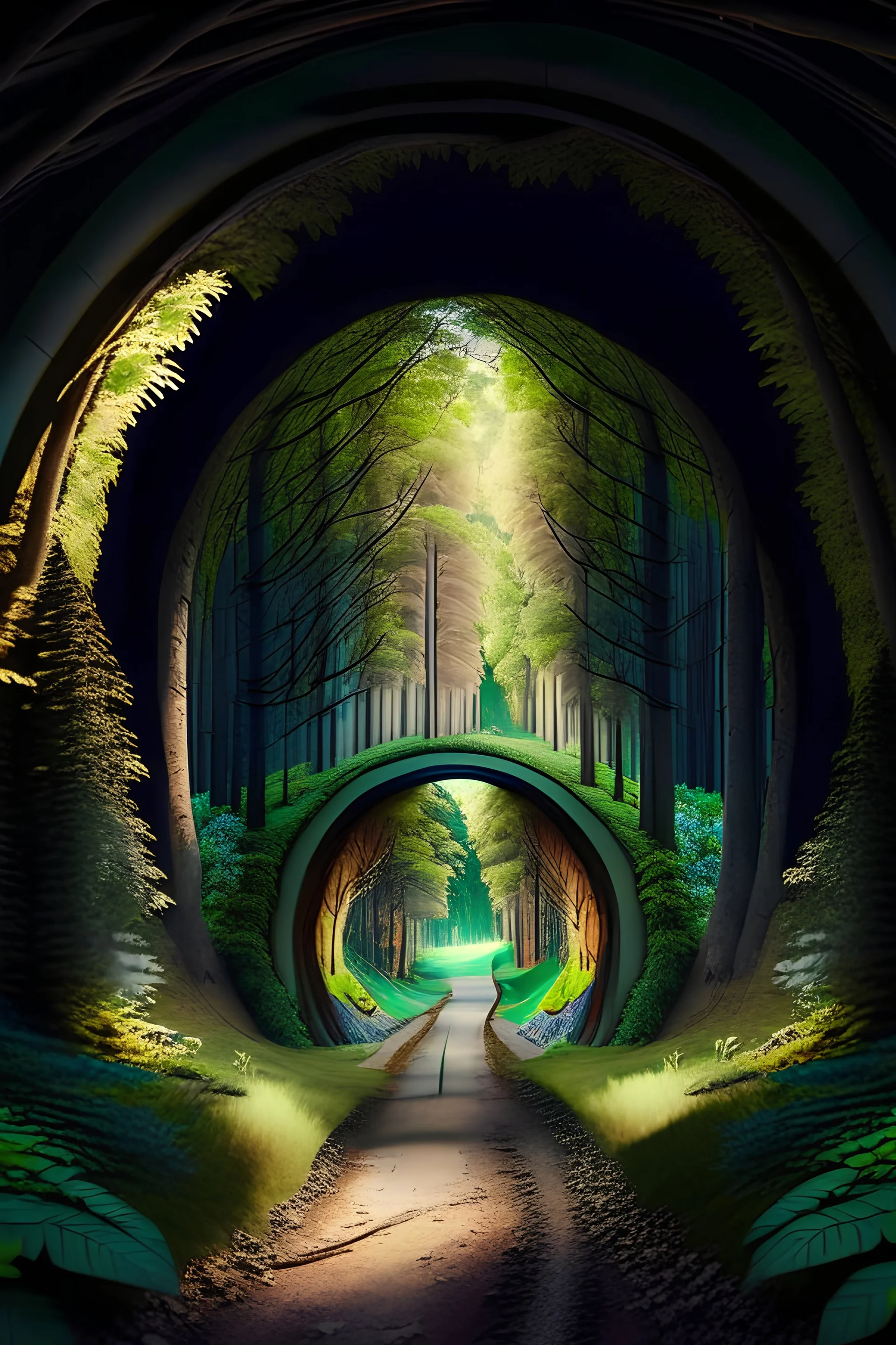 panoramic view of a romantic forest with a tunnel photo realistic 4K