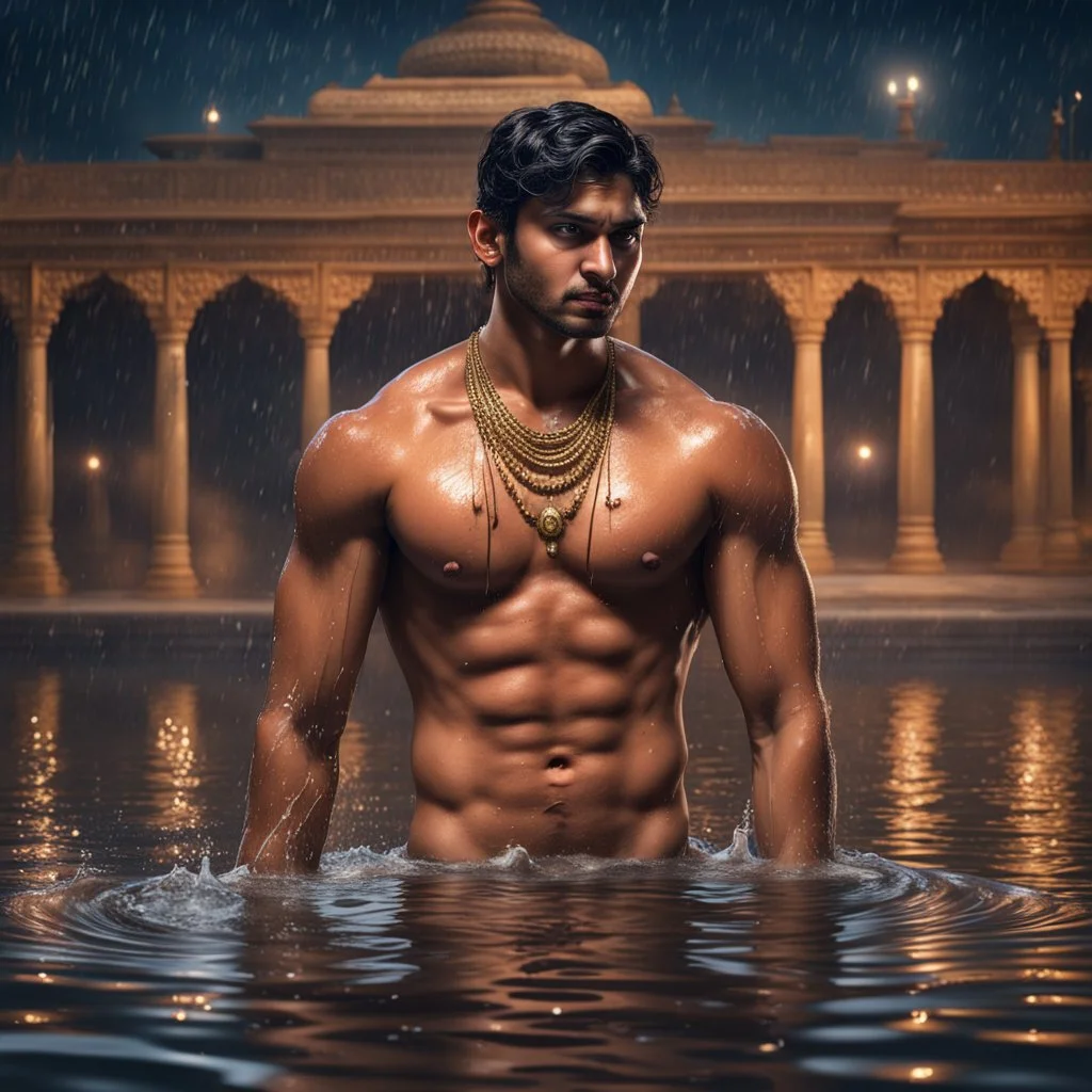 Hyper Realistic handsome Young shirtless muscular short hair Indian king with wet chest bathing in a lake outside traditionally beautiful Indian palace at night