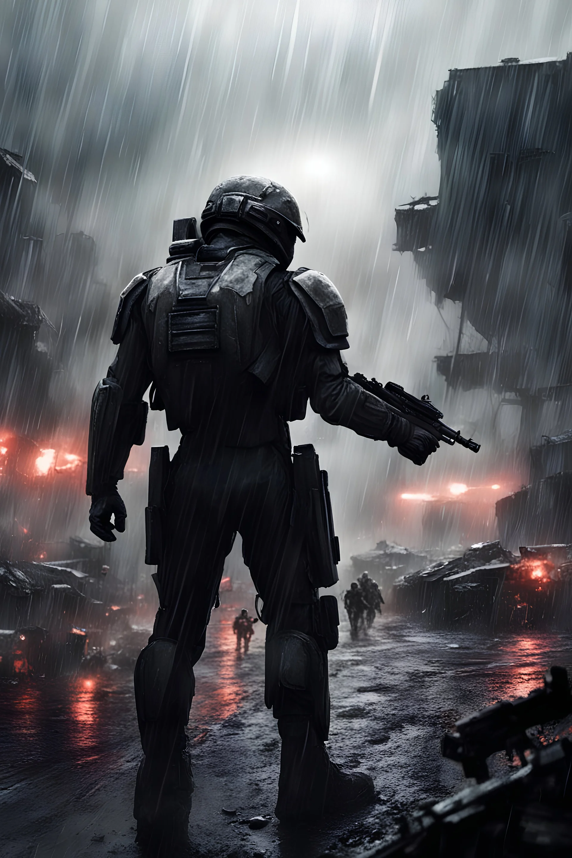 bloody single halo odst sad last stand moment with a single soilder fighting for there life cinamatic picture detailed rain and people in battlefeild with no help