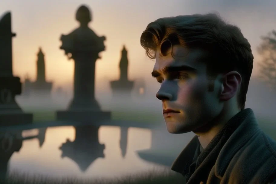 younger lifelike Treat Williams (as Berger from movie Hair) looking towards us in the cemetery, reflection, sunrise, Misty morning