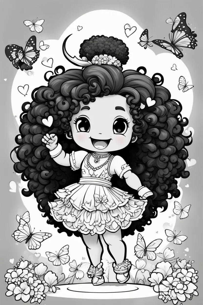 create a coloring page of a chibi ox with a curly afro ponytails dancing around hearts and butterflies. she smiles while shes playing , black and white