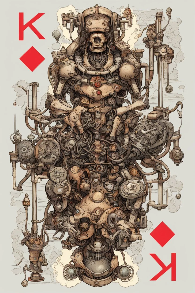 Colourful Bordered digital illustration of a shriveled homunculus hidden with a mechanical Mecha integrated with a throne. in the style of kaja foglio, Alchemy, Symbolism and Hermeticism. High quality, masterpiece. Dungeons And Dragons