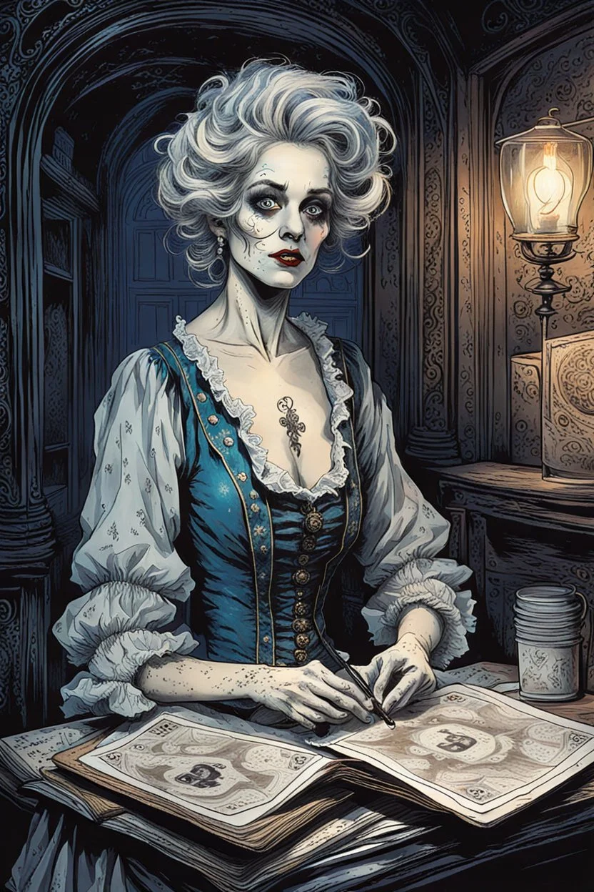 create an imaginative drawing of the pale translucent ghost of an aged Parisian gypsy female fortuneteller, clothed in tattered and ragged, ornate Napoleonic period dress, with finely detailed hair and feminine facial features, in the otherworldly shadows of the Paris catacombs, tarot cards and spell books scattered about, in the comic book art style of Bill Sienkiewicz, Mike Mignola, and Jean Giraud Moebius, finely textured, drawn, colored, and inked