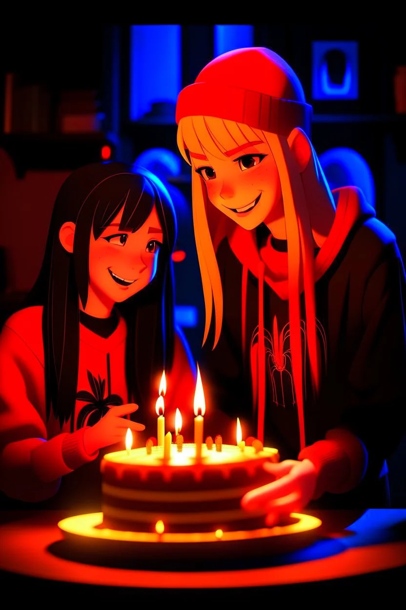 spiderman into the spider verse tarzı 17 yazan mum ile doğum günü kutlayan 2 kız birinin saçı kısa karakterlerin görüneceği kadar aydınlık soldaki kızın saçı daha kısa