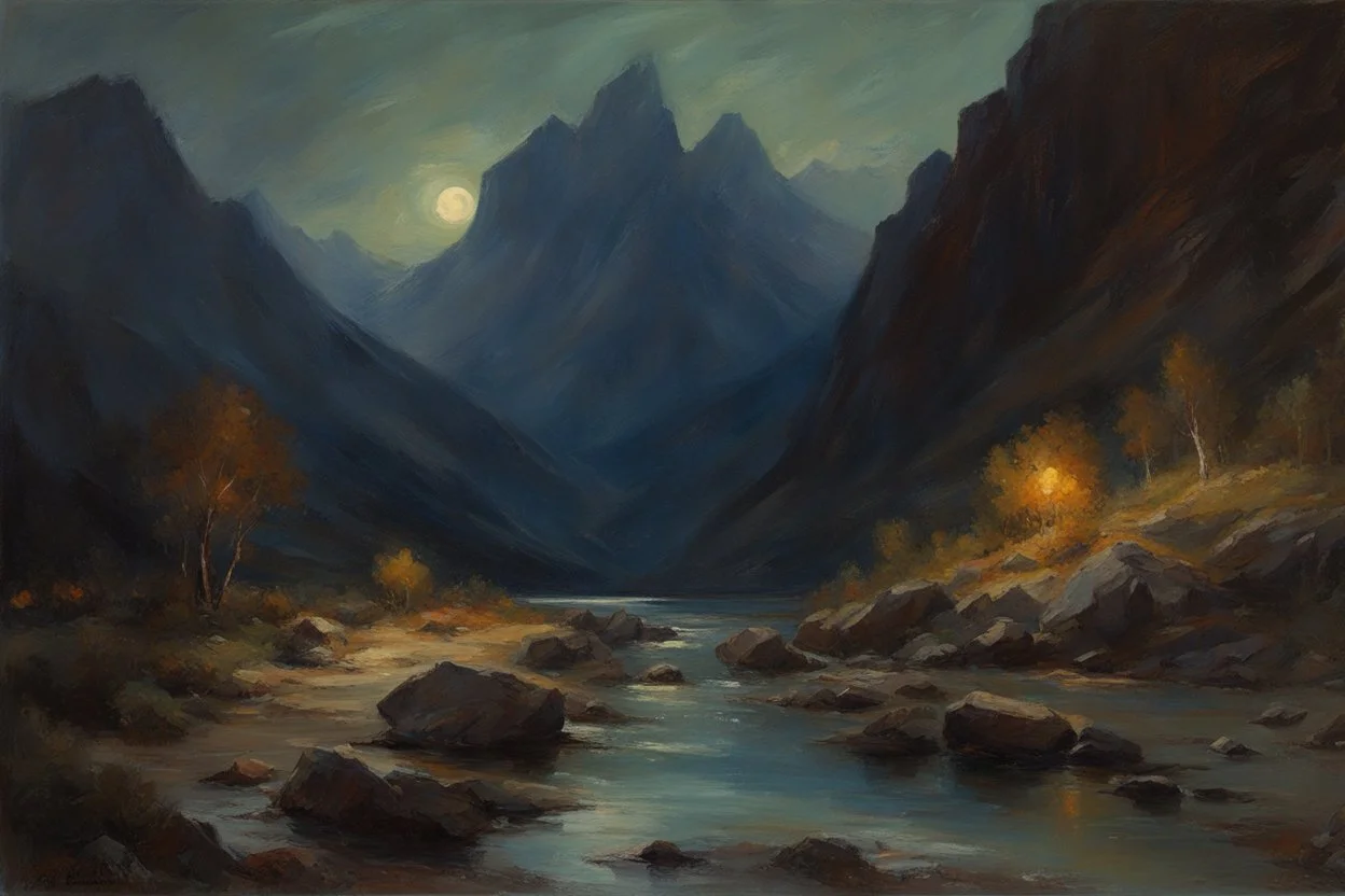 mistery night, mountains, rocks, river, epic, gothic and witchcraft influence, wilfrid de glehn and anna boch impressionism paintings