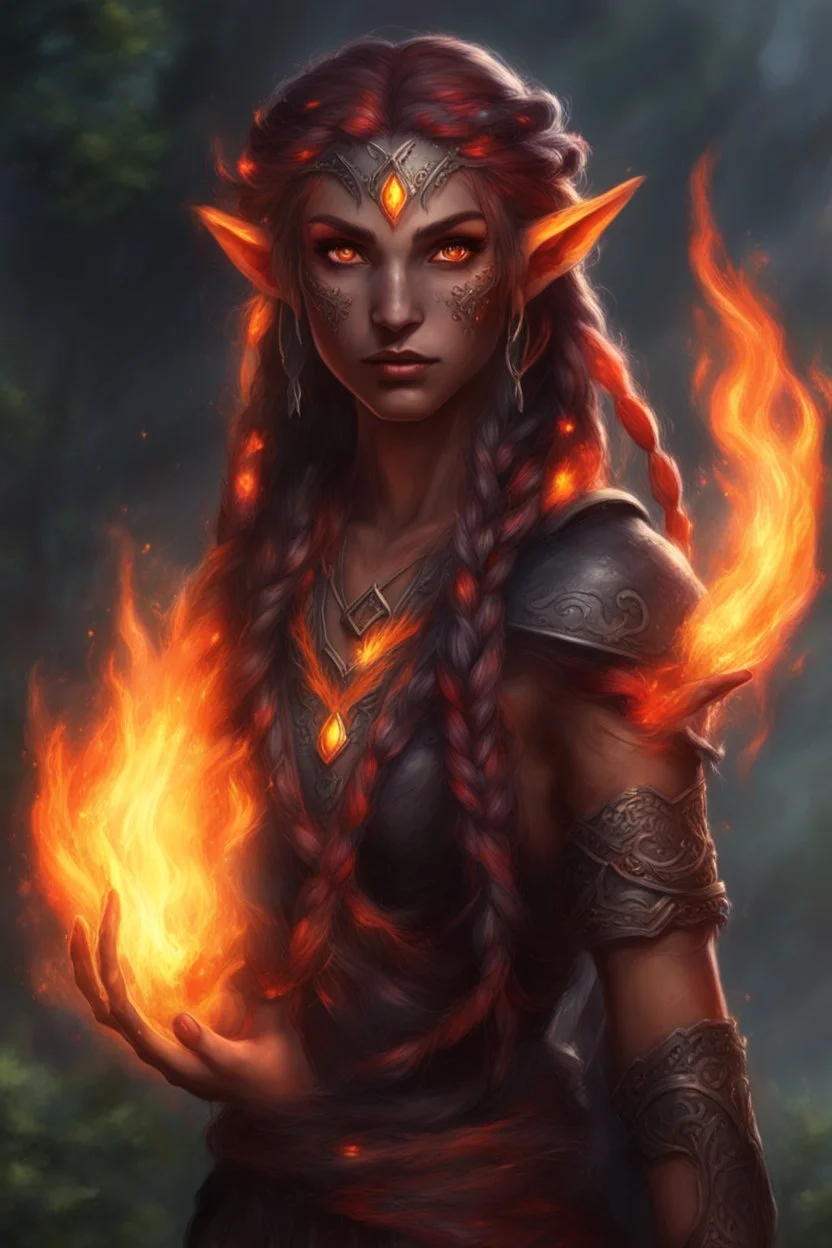 Fire Eladrin druid female. Hair is long and bright black part glows. Part of hair is braided and fire comes out from it. Big bright red eyes. Is generating fire with her hands . Skin color is dark. Has a big deep scar on face. Is making fire from hands