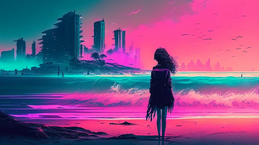 synth-wave beach & city, lone girl, iconic:1.8),