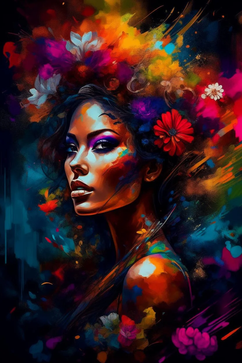 Generate a captivating digital artwork where a vivid explosion of images on a canvas bursts forth, weaving together elements of a woman, demons, tattoos, flowers, and stormy hues. Capture the essence of dynamic creativity in this abstract masterpiece."