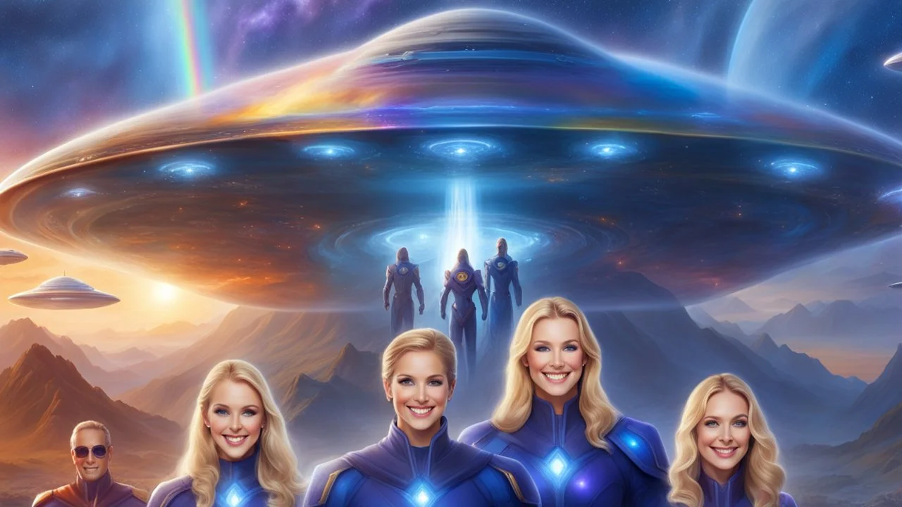 ufos rainbows,beautifuls paysages, fantastic colours,cosmic woman ,beautiful ufos rainbow, admiral from the future, galactic confédération, fine whole face, crystalline skin, expressive purple eyes,rainbow, smiling lips, very nice smile, costume pleiadian, Beautiful tall woman pleiadian Galactic commander, ship, perfect datailed golden galactic suit, high rank, long blond hair, hand whit five perfect detailed finger, amazing big puple eyes, mouth, high définition lips, cosmic happiness, bright