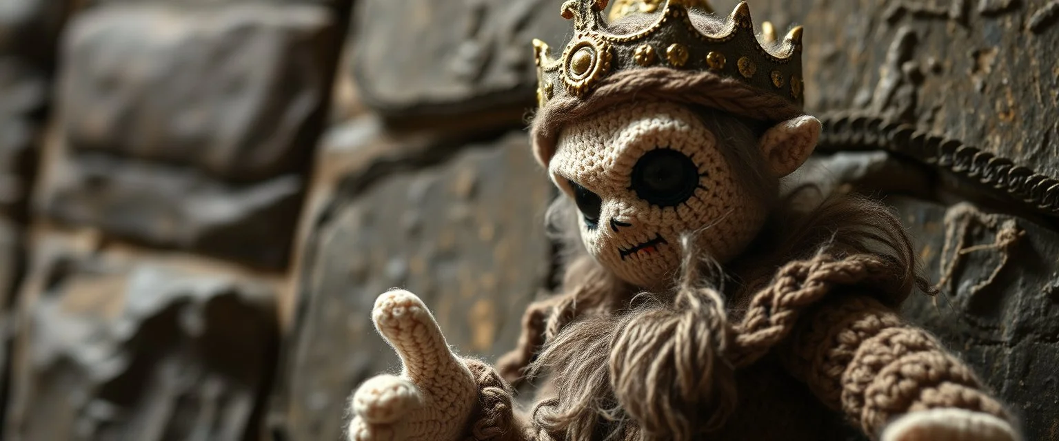 pin hole picture, miniatures on fake scene,master oil painting by Rembrandt, good afternoon bitch scary stone age vampire king, close up portrait of a stupid knitted doll trying to explain something weird,