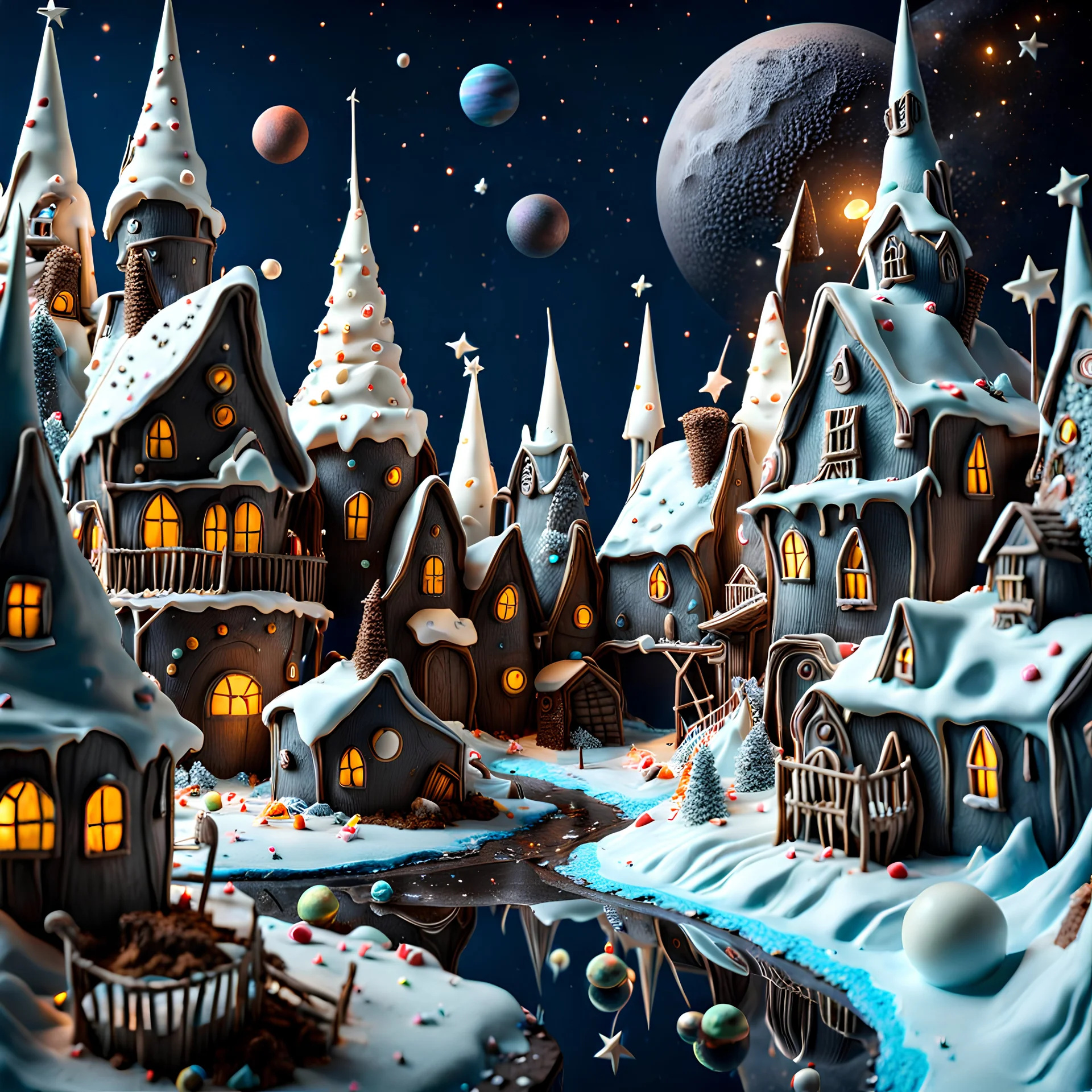 detailed creepy village made of cake frosting, melting steel, ice cream, strong texture, extreme detail, octane render, stars and planets, Yves Tanguy, Max Ernst