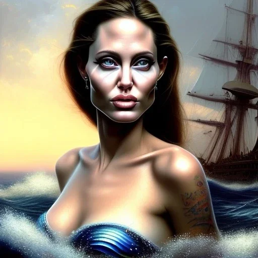 A beautiful portrait of Angelina Jolie as a mermaid , leaning on a ships deck ,Rough sea in the background, (digitall art by Eugene de Blaas and Ross Tran, vibrant color scheme, highly detailed, in the style of romanticism, cinematic, artstation best quality, realistic lighting, masterpiece portrait, details light dusting , cowboy shot from above, simple chain hauberk Vector art digital illustration 3D shading )