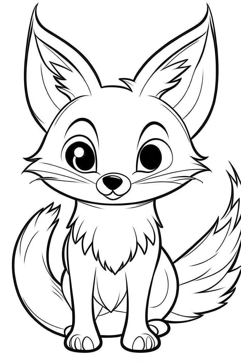 Coloring page for kids with a cute cartoon fox, very Bold outlines and white background, minimal number of elements