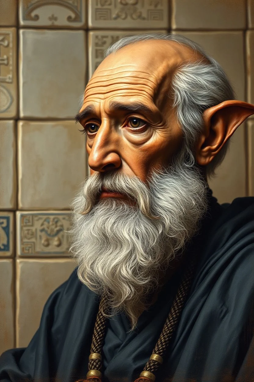 master oil painting by Rembrandt, realistic rendering Portrait of the Apkallu sage who were sent by the god Ea to teach civilization to humanity before the flood. They were depicted as half-human and half-fish or bird, and were associated with wisdom, magic, and culture. blurred tile pattern background, brightened edges to give a sense of depth