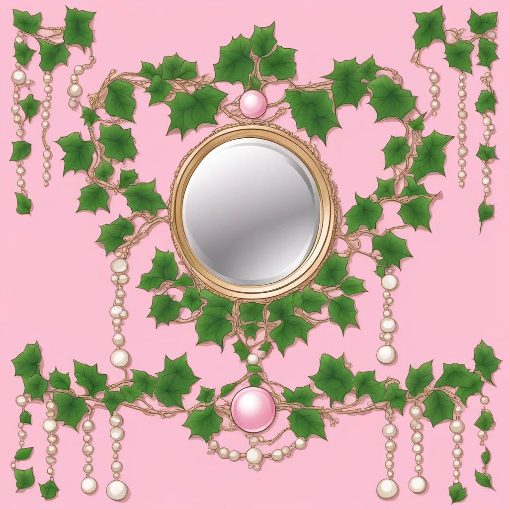 Create an Artwork of a Mirror with ivy branches and pearls necklace, Like a creative Logo for a Varasity Jacket to put a random number uin it, Vector illustration. Colors should be pink and green