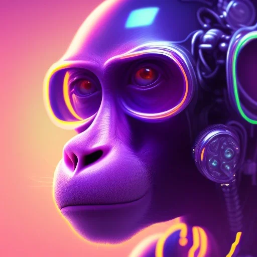 A beautiful portrait of a cyborg monkey purple neon color scheme, high key lighting, volumetric light high details psychedelic background