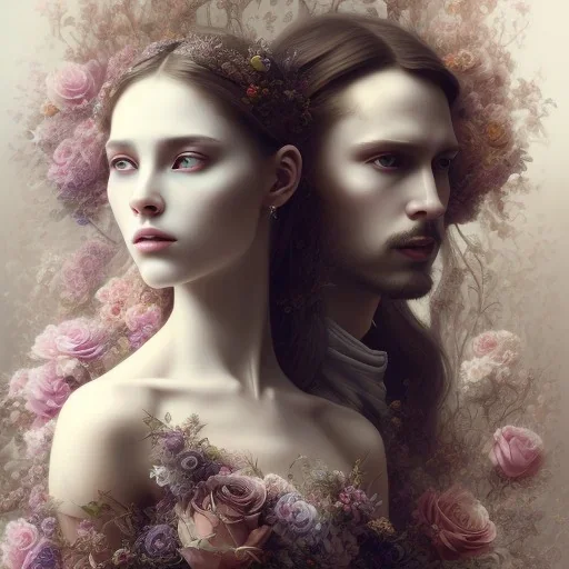 Romeo and Juliet. dramatic,romantic, muse of flowers, award winning, carne griffiths, portrait, intricate details, dynamic effects, white long hair, intricate eyes, detailed face, surreal hair, aristocratic clothes, professional ominous concept art, by artgerm and greg rutkowski, an intricate, elegant, highly detailed digital painting, concept art, smooth, sharp focus, illustration, in the style of simon stalenhag, wayne barlowe, and igor kieryluk.