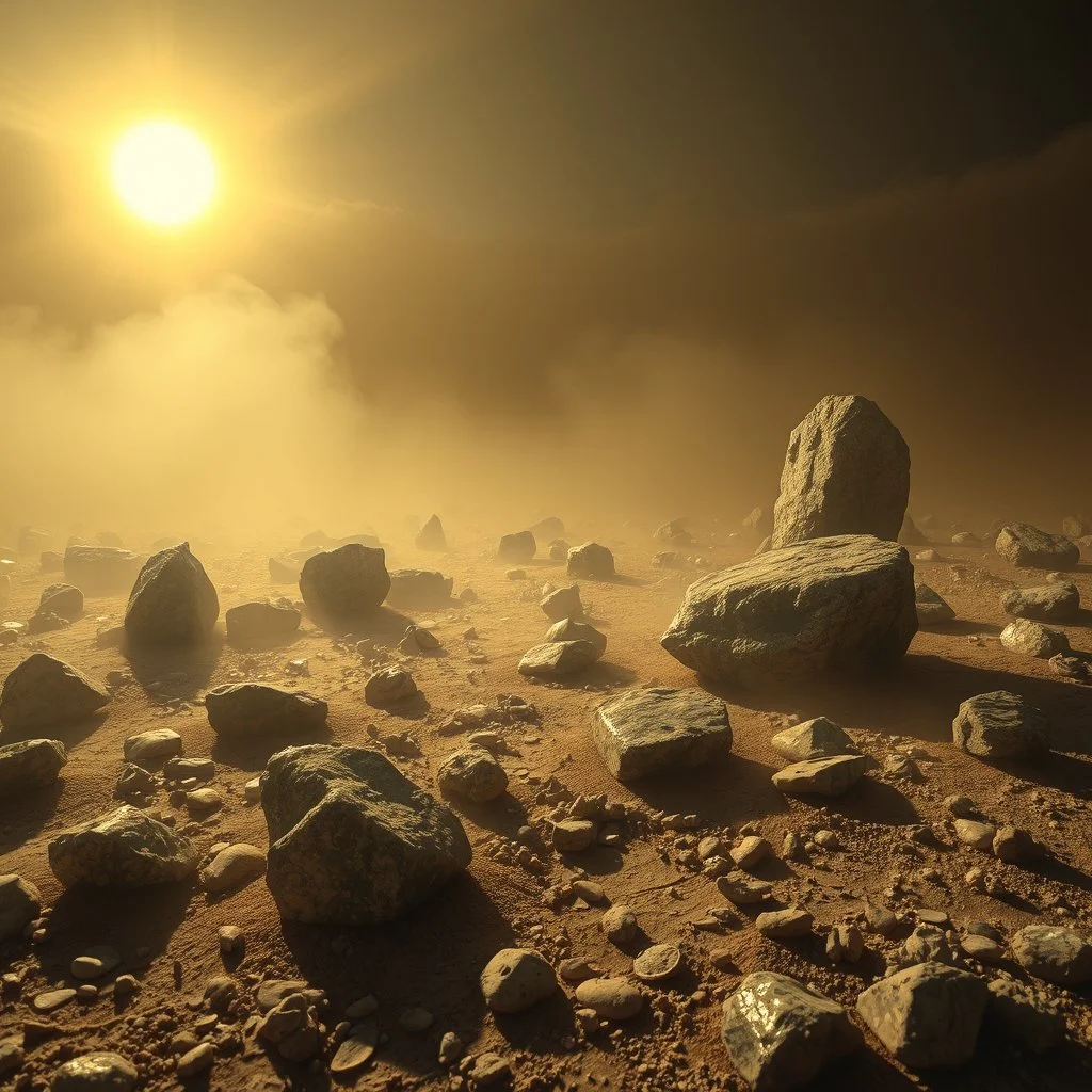 A striking quality photograph captures a wasteland with odd stones, liquids, spooky, creepy, details of the dust very accentuated, glossy, organic, adorned with minerals and rocks, fog. Bathed in intense light, eerie, Max Ernst style, black sun, fog