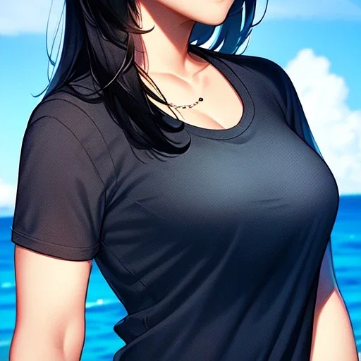 black haired woman, casual clotting, realistic, HD4k, watery cloud background, close up shot,