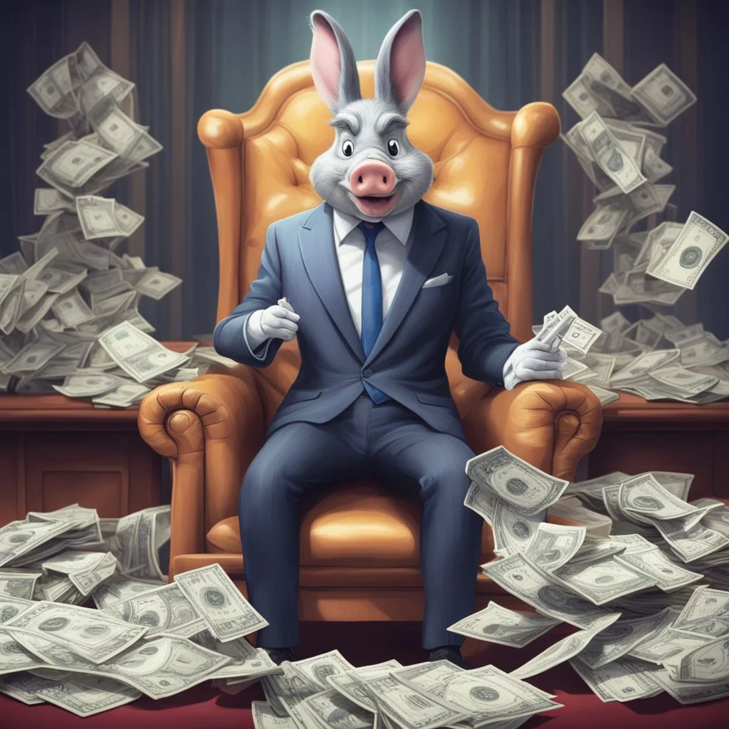 rich pig in suit on a throne making stacks of money by making a deal with a buisnessman. bugs bunny making sick beats in a background as he is known musician