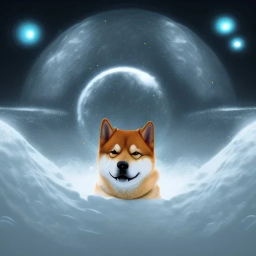 shiba inu doge, ethereal orbs, telekinesis, arctic moonscape