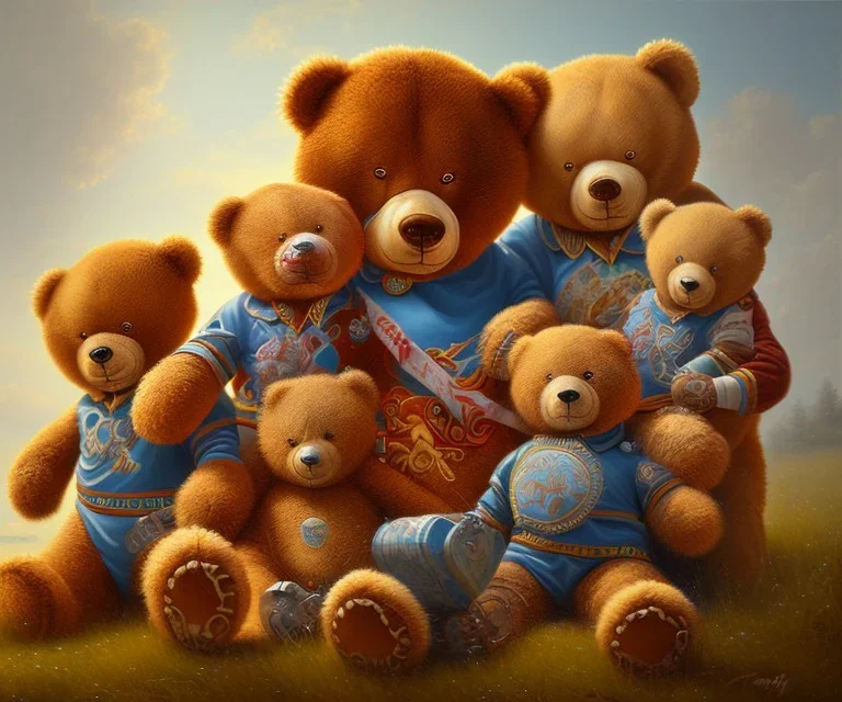 boy and big teddy bears. oil on canvas