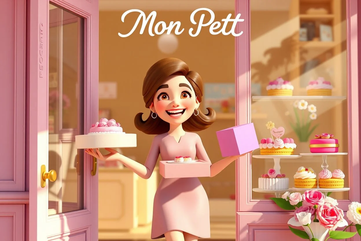 sign "Mon Petit" 3D video game character elegant young woman enthusiastically and cheerfully comes out of a dessert store, cake box in her hand, in the window cakes, cookies, macarons and flowers in sunshine