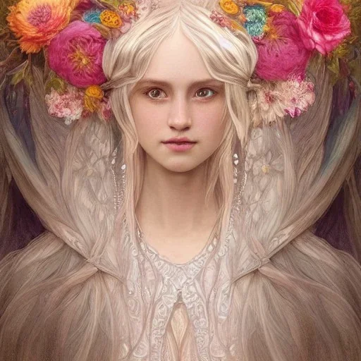 portrait,"Insanely detailed photograph of a beautiful nordic vestal priestess, pretty face, highly intricate dress,colorful flowers in hair,elegant, highly detailed hair, digital painting, artstation, concept art, smooth, sharp focus, illustration, art by artgerm and greg rutkowski and alphonse mucha, 8 k, natural eyes