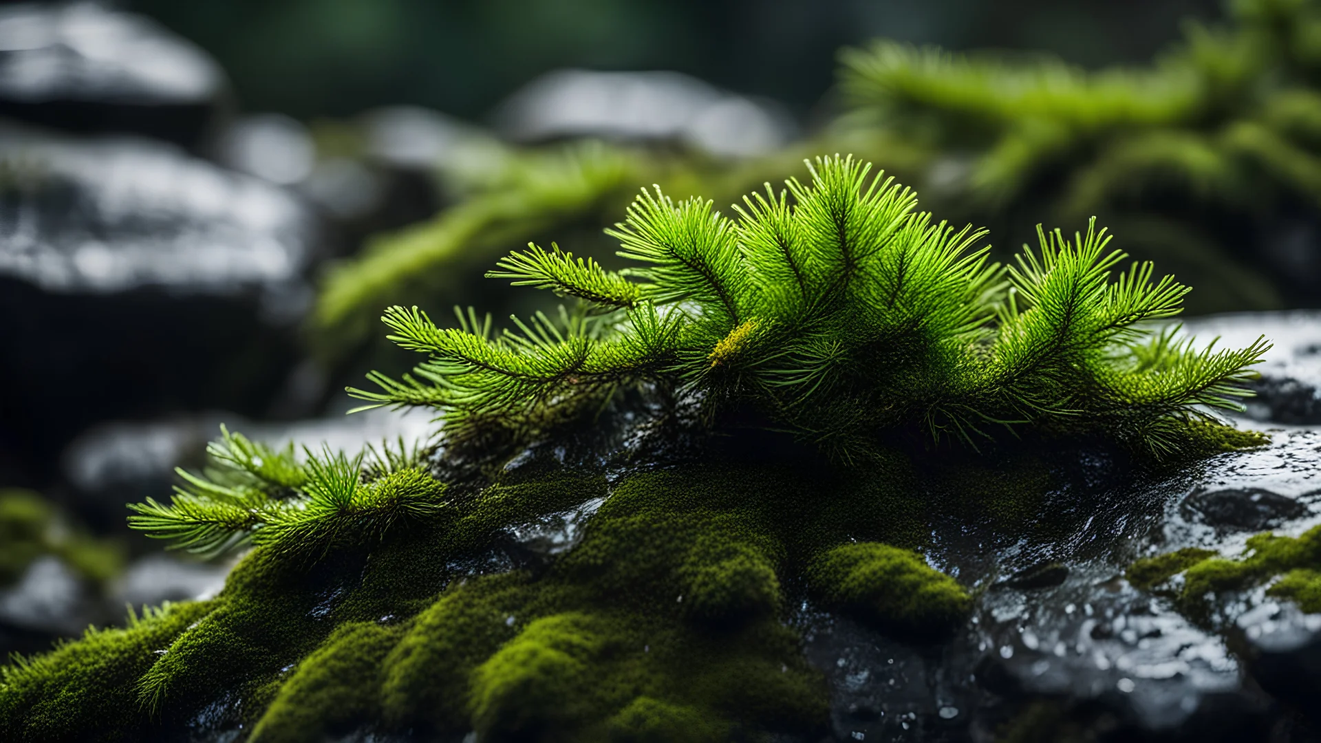 Close up of a spruce tree branch on a wet rock,,moss,high details,dark place