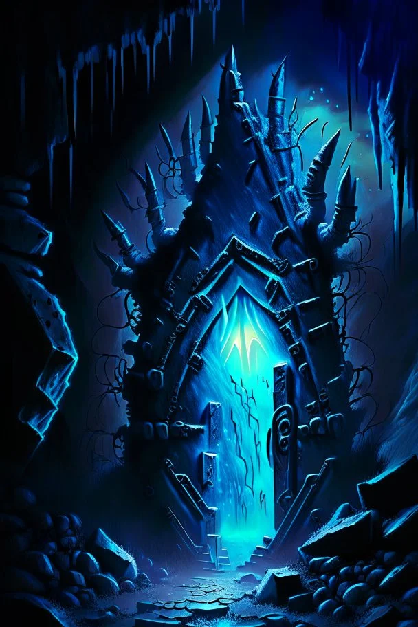 Glowing spiked iron entrance to a scary scifi blue mine at night fantasy rpg painterly art