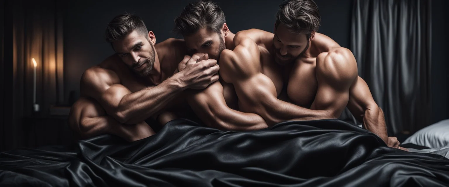 Hyper realistic shirtless muscular guys hug on bed with black silk blanket in dark bedroom