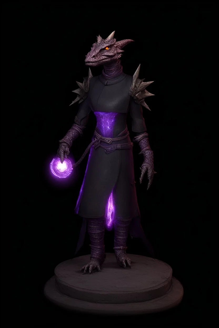 a black and purple, female argonian artificer who uses Tesla coils as weapons, skinny, lightly armored