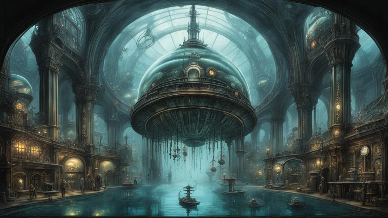 An underwater city built within colossal glass domes, with Victorian-era architecture and clockwork submarines navigating through schools of fish. The city's skyline is illuminated by glowing bioluminescent plants and steampunk gadgets. by H.R. Giger