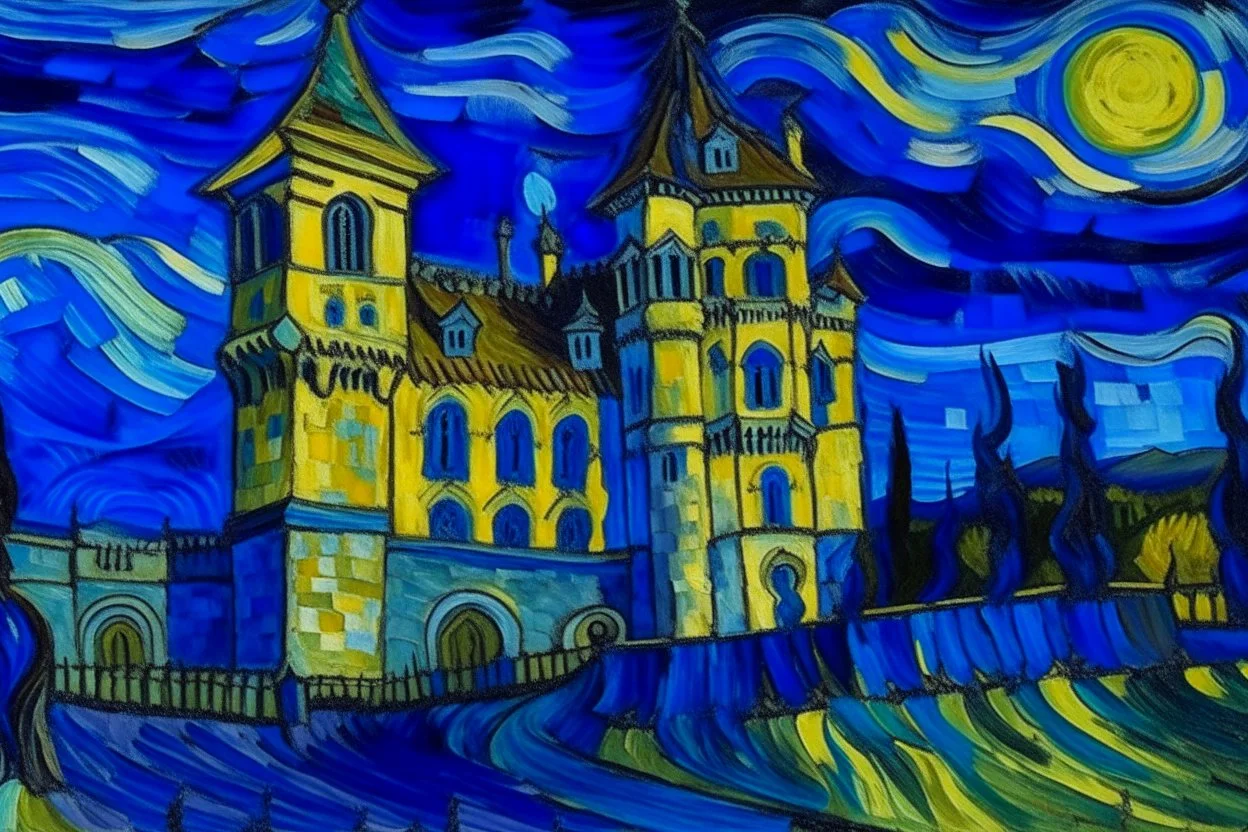 A violet haunted castle filled with ghosts painted by Vincent van Gogh