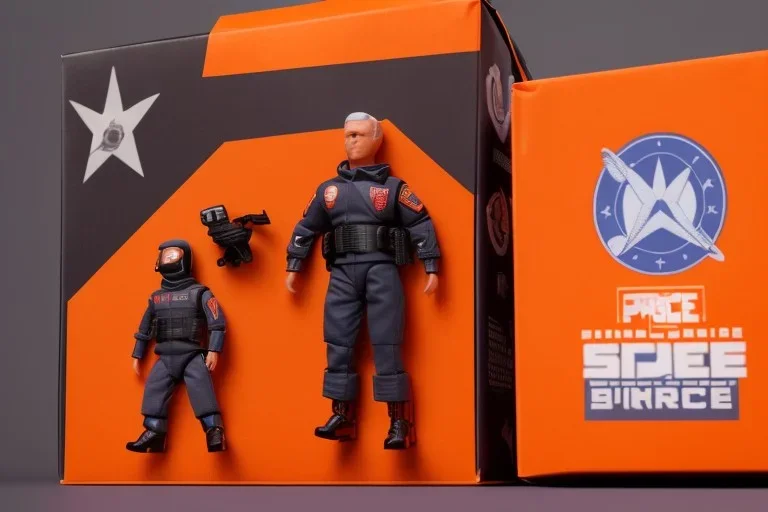 Mike pence G.i. joe toy doll space force uniform inside a blister package hanging on A rack in toystore, fluorescent orange, wide angle shot whole body, black moonboots, pricetag, whole body