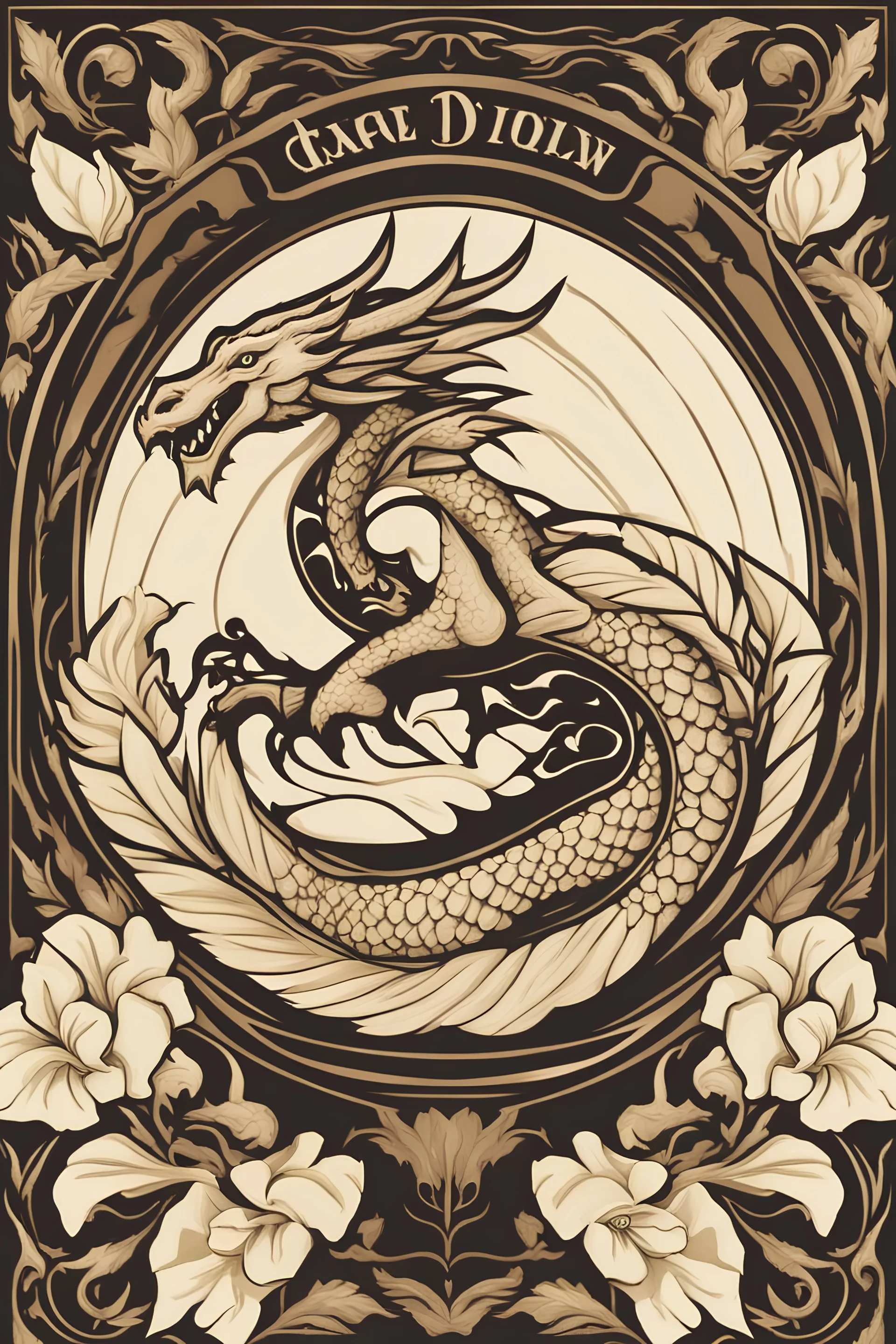 Create an elegant logo design with the side profile of a Welsh-style dragon facing left, with a white gardenia in its claw. Make the dragon a golden colour and have a circular frame.