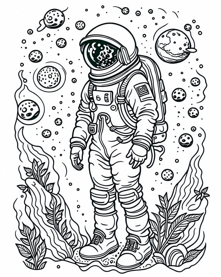 outline art for stoners coloring pages with A very simple and super minimal design featuring A cosmic coloring page featuring an astronaut floating in space surrounded by cannabis constellations., white background, sketch style, fully body, only use outline, cartoon style, clean line art, white background, no shadows and clear and well outlined